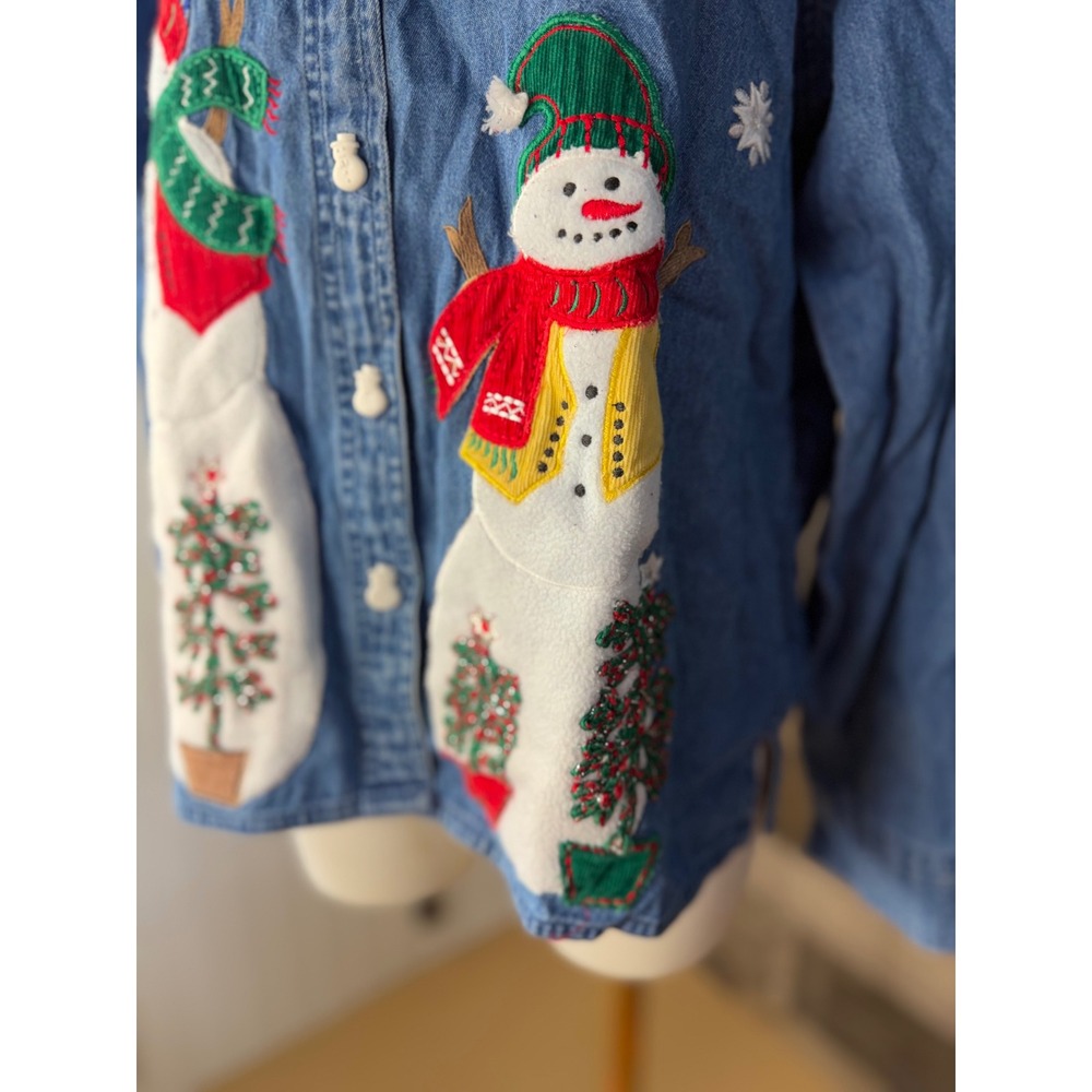 Vintage Snowman Embroidered Denim Button Down Shirt Christmas Holiday Blue - Picture 3 of 12